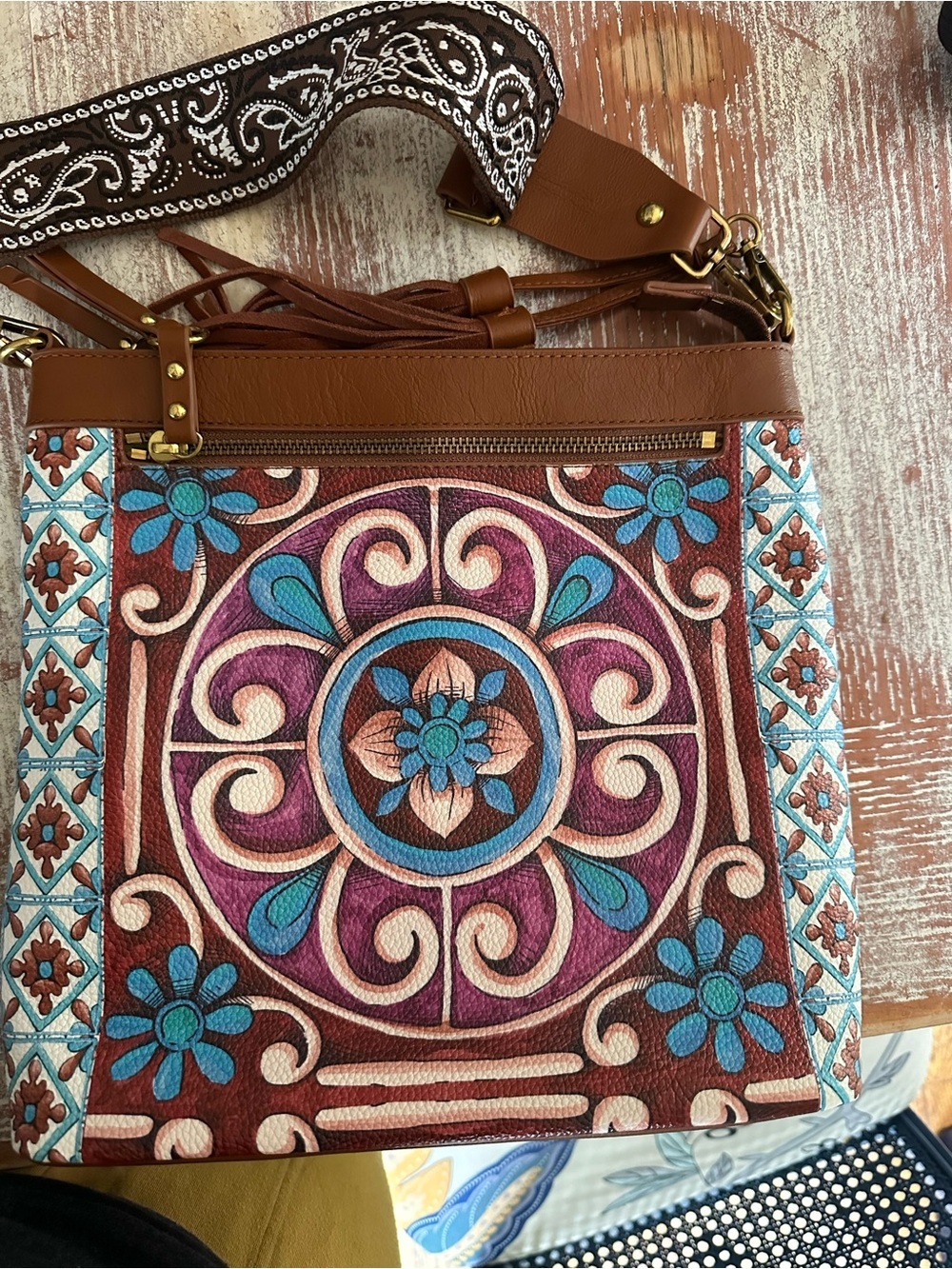 Boho Floral Medallion Crossbody Bag in Brown, Purple & Teal